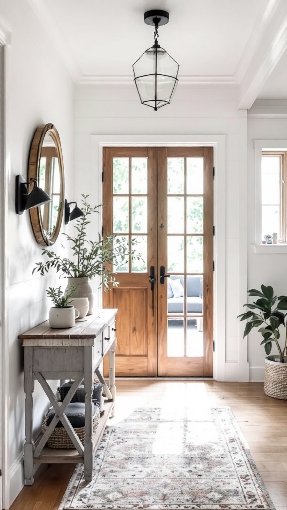 A cozy entrance with a dark green door, natural light streaming in, and a potted plant.