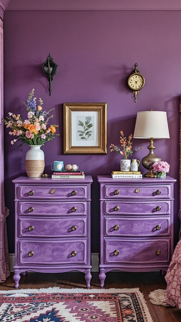 Two purple nightstands beside a wall with a clock and framed artwork