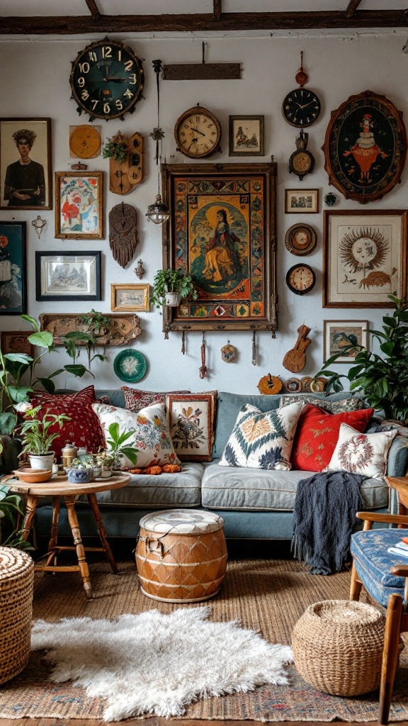 A cozy living room filled with vintage decor, including clocks, artwork, and plants.