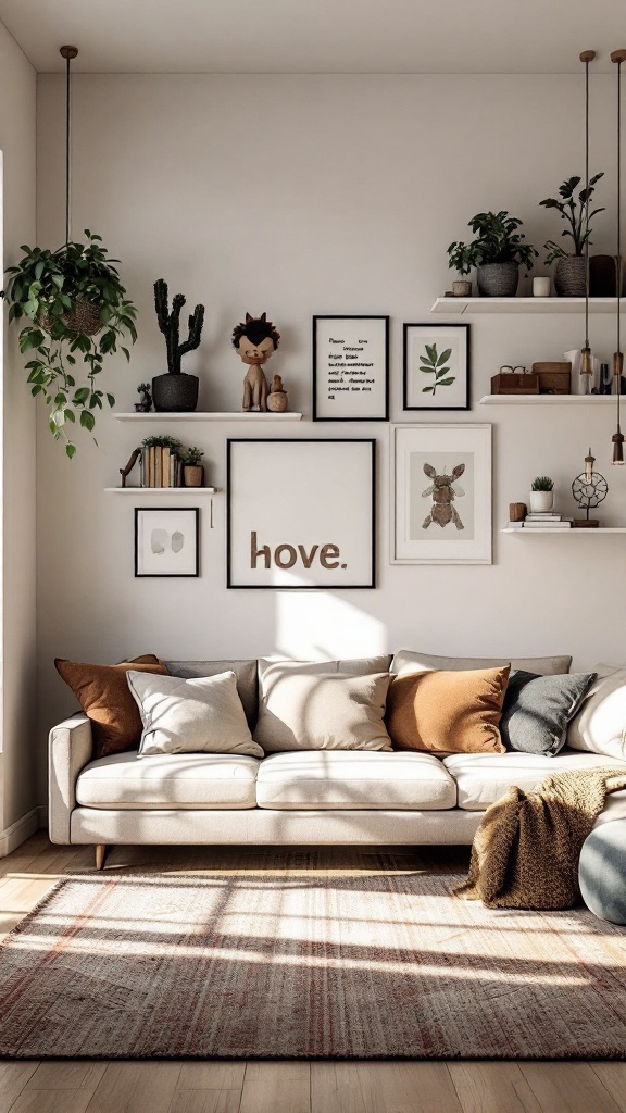 A stylish living room featuring a light couch, decorative pillows, wall art, and plants.