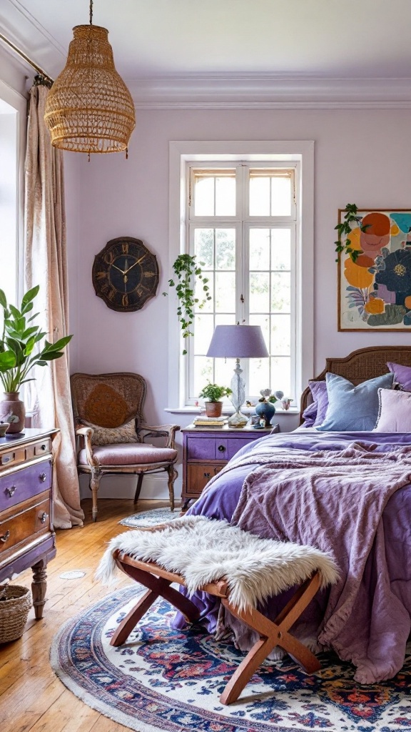 A cozy bedroom featuring vintage furniture, with a warm color palette and soft textures.