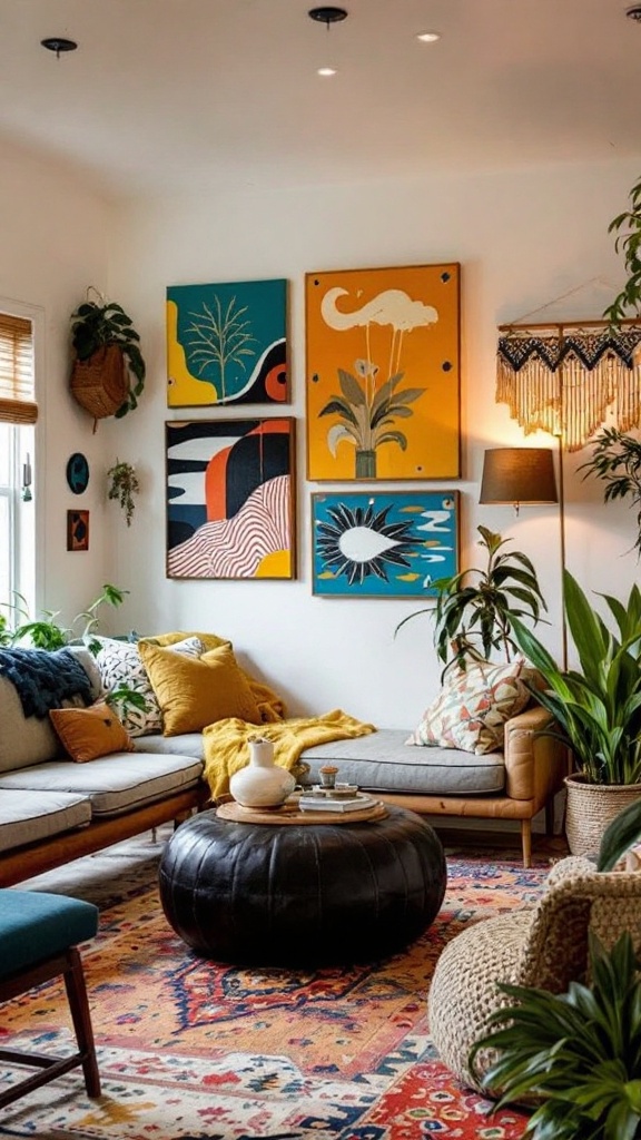 A cozy living room with vintage furniture, colorful artworks on the wall, and lush plants.