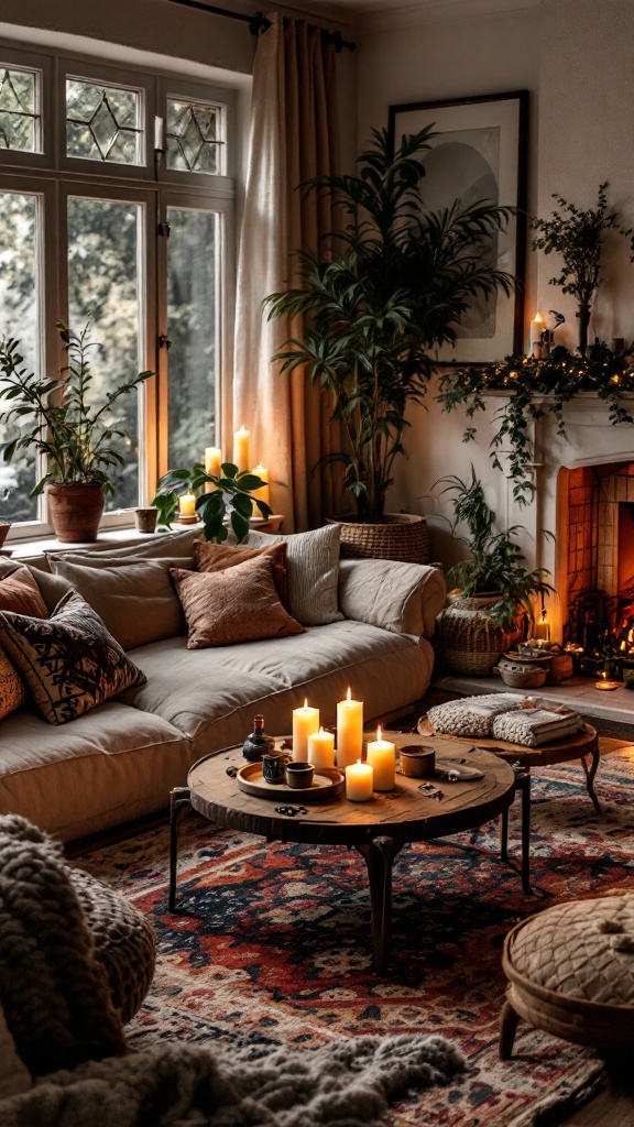 Cozy living room with candles, plants, and comfortable seating