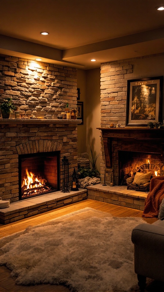 Cozy living room featuring two fireplaces with warm flames and a plush rug