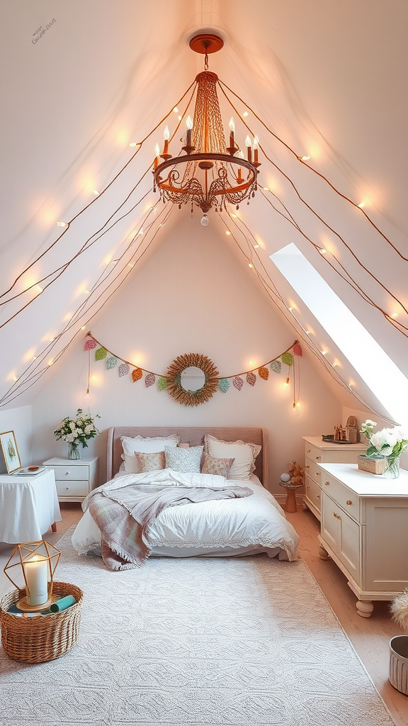 A cozy room with soft lighting, featuring a bed, a chandelier, and decorative elements.