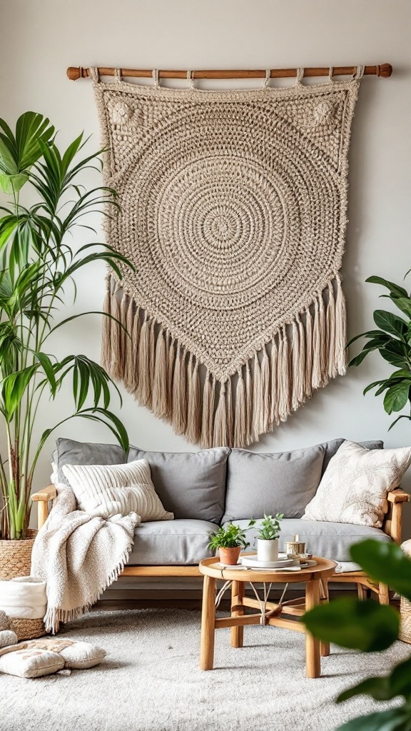 A woven wall hanging with circular patterns and fringes displayed above a cozy gray sofa with plants around.