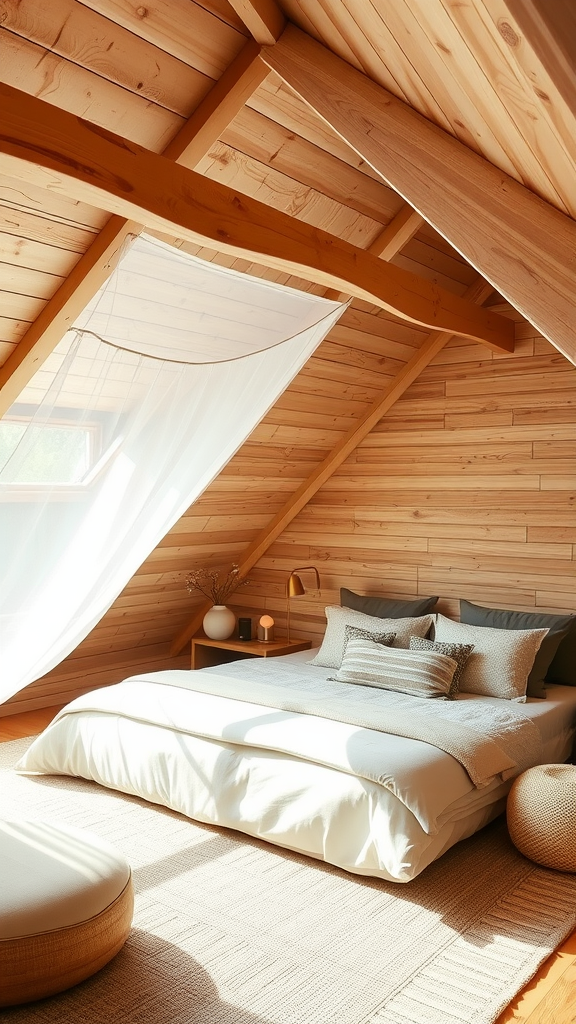 A serene and cozy room with wooden walls and ceiling, a neatly made bed, and soft lighting.